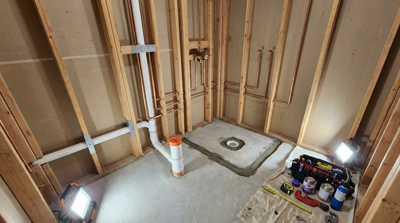 Bathroom rough-in plumbing during remodel by Johns Plumbing LLC in Bolton