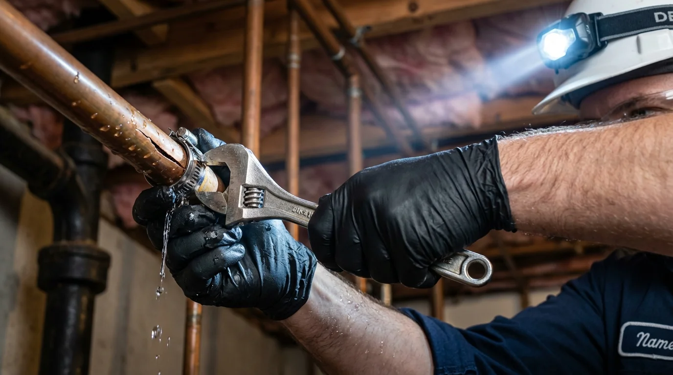 Emergency pipe clamp repair being performed by a Johns Plumbing LLC plumber in Bolton