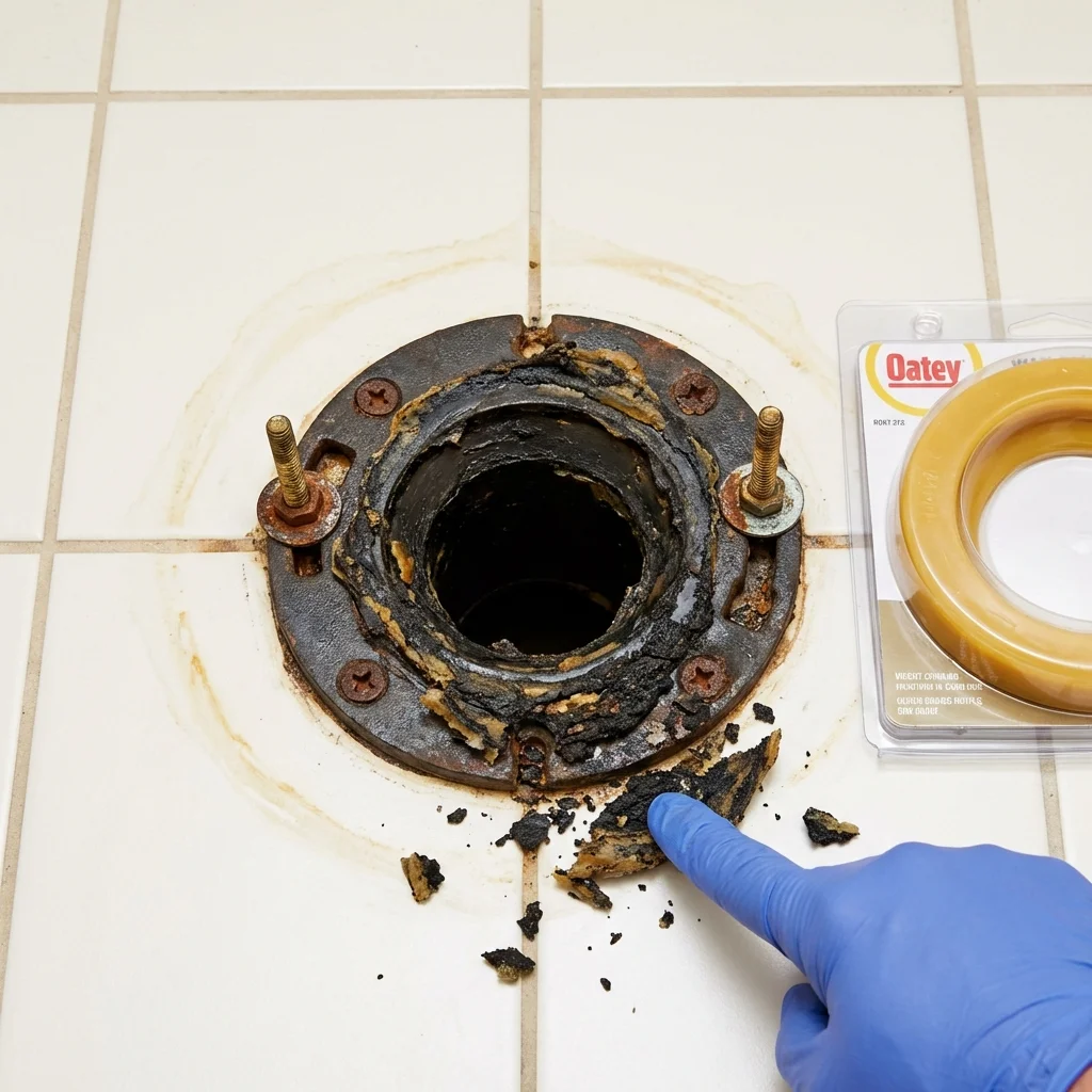 Failed wax ring showing water seepage at the base of a toilet in a Bolton, MA home