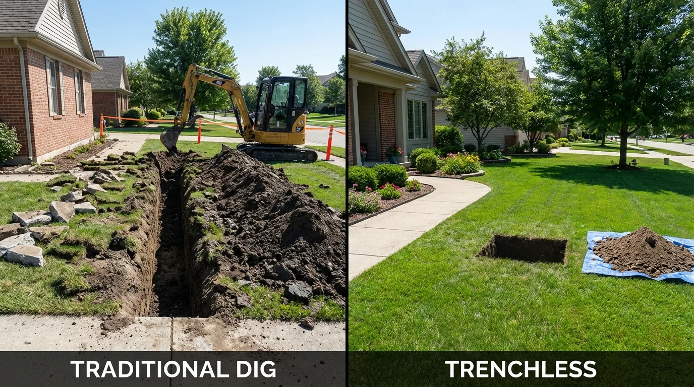 Trenchless sewer repair with minimal yard damage versus traditional excavation in Bolton, MA